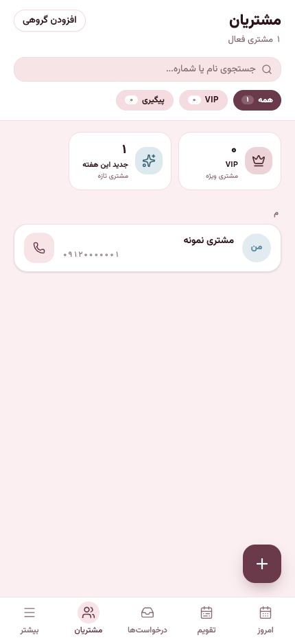 مشتری نمونه پس از ذخیره در فهرست مشتریان سالونا